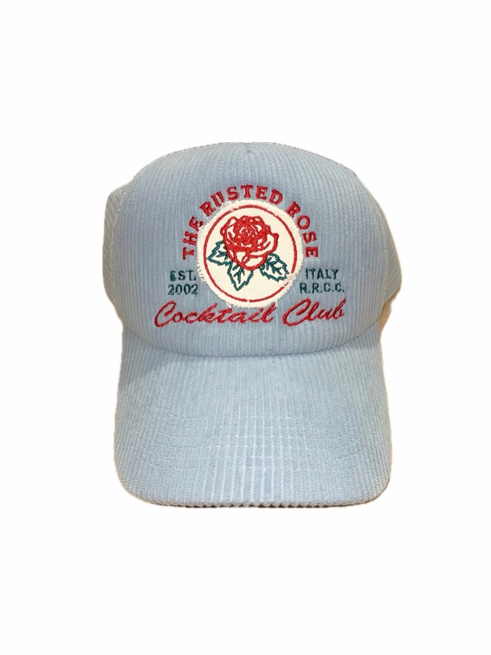 ANTHROPOLOGIE Hat Corduroy Baby Blue Vintage Patch Graphic Rose Embroidered